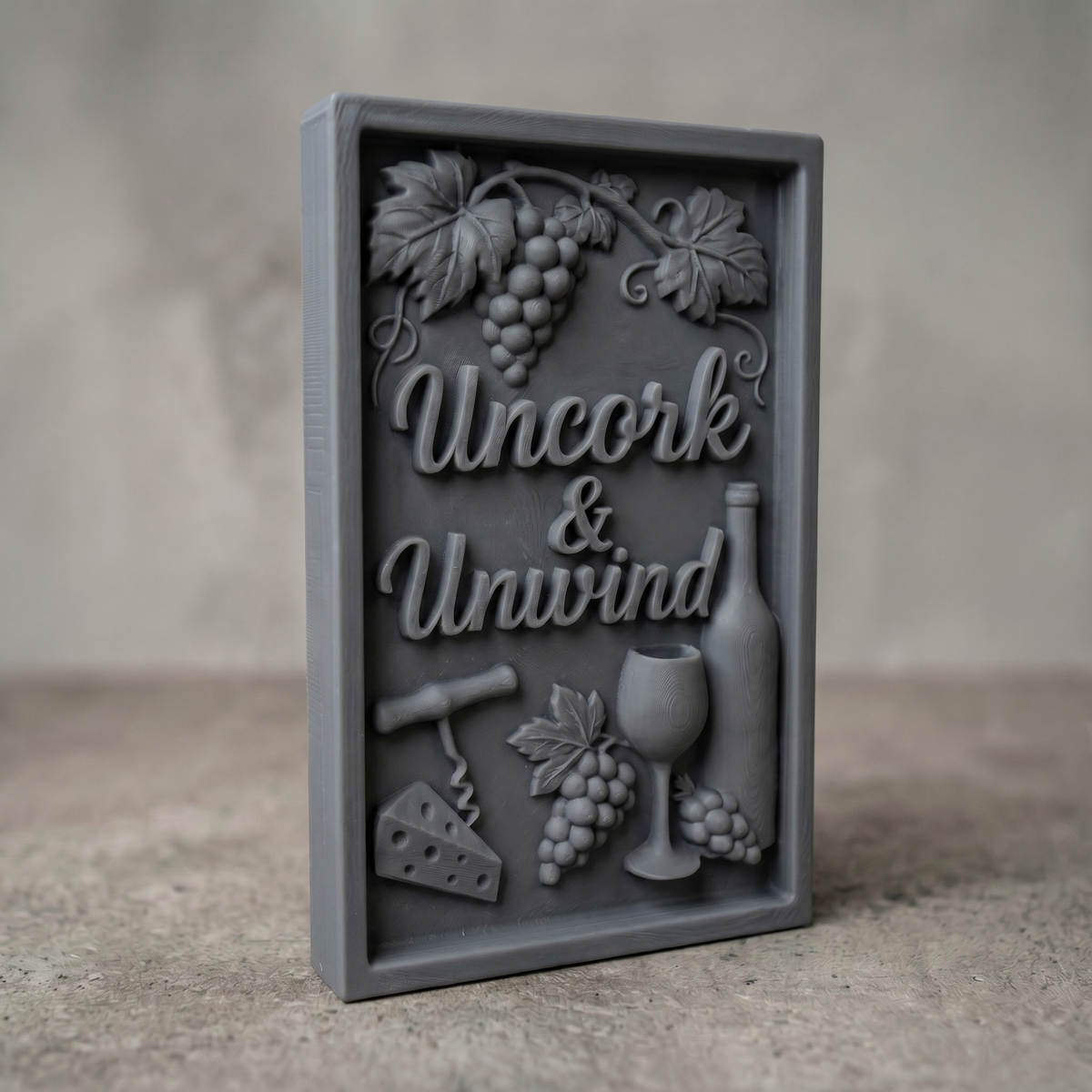 Detailed wooden bas-relief featuring the phrase “Uncork & Unwind” surrounded by grape clusters, vine leaves, a wine bottle, glass, corkscrew, and cheese wedge. The composition includes flowing script text, layered textures, and a framed rustic design, perfect for wine lovers and ideal for CNC carving or 3D printing decorative kitchen or bar wall art.