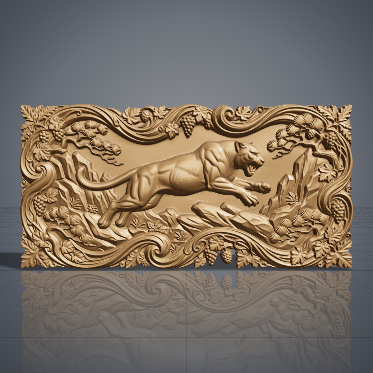 Leaping mountain lion carved in dark walnut wood as a cutout with a scrolling vine, grape and pine branch border and leaf corners, shown as a workshop mockup and a grey resin render. Digital STL relief file for CNC routers and 3D printers, ideal for wildlife wall art, panels and woodworking projects.