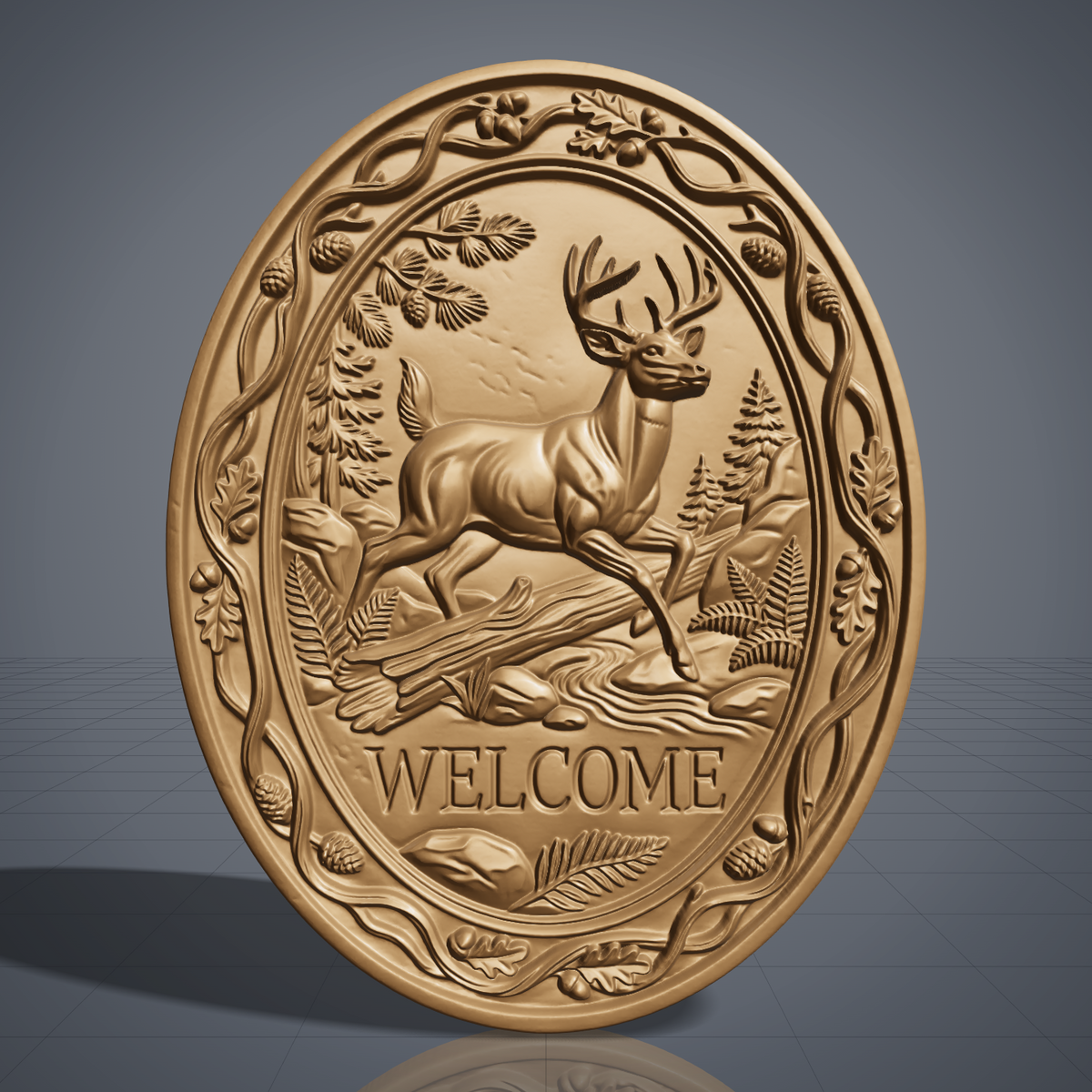3D bas-relief welcome sign of a leaping buck with a full set of antlers, set in an oval frame with a raised vine border. Oak leaves, acorns, pine cones, ferns, rocks, a fallen log and a stream surround the deer, with carved WELCOME lettering below. Smooth sculpted anatomy and fine leaf detail. Designed for CNC relief carving, woodworking and 3D printing as oval wall decor.