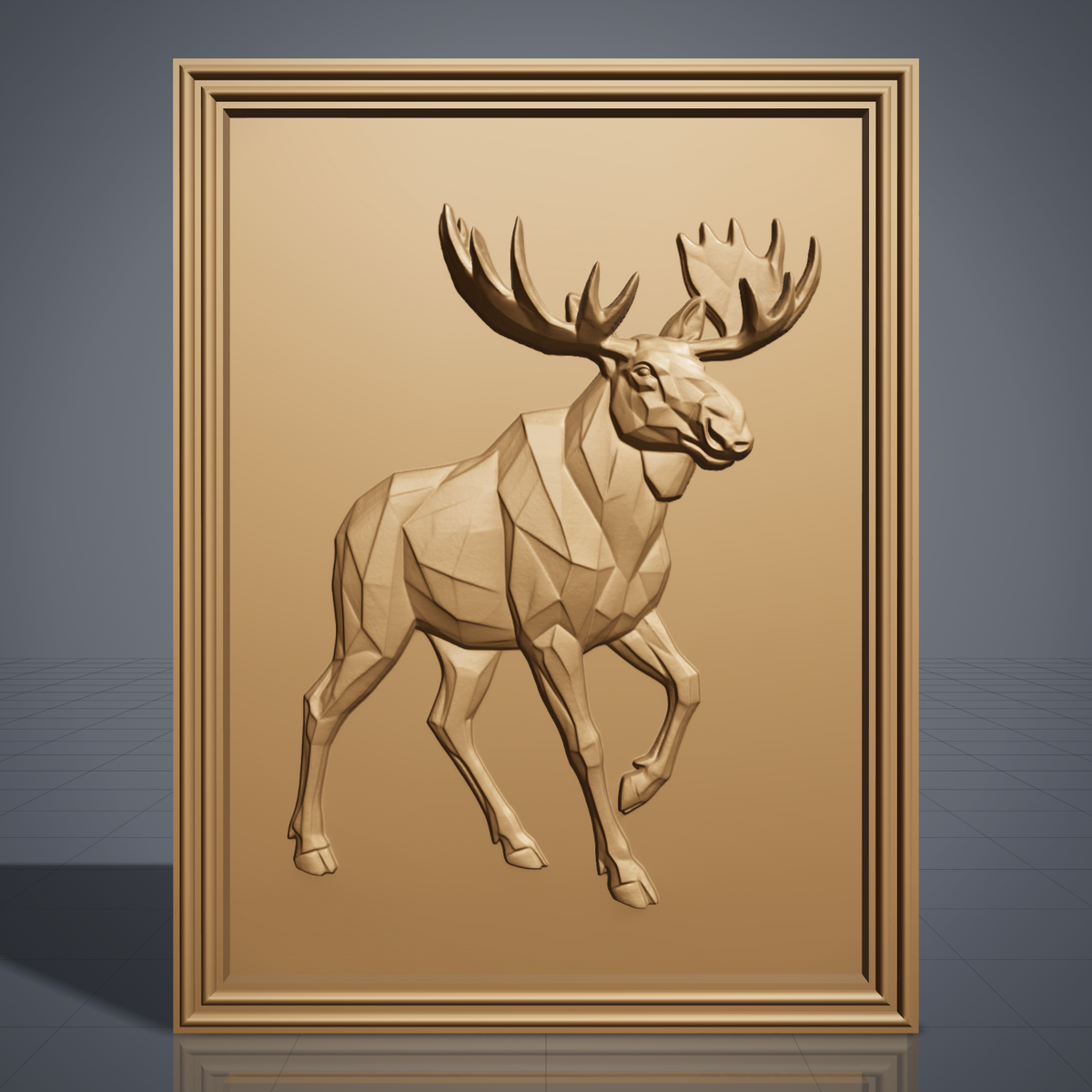 Faceted low poly moose with huge palmate antlers walking on a plain smooth background, shown as a portrait rectangular frame relief plaque with a stepped molded border, digital STL model for CNC router carving and 3D printing.