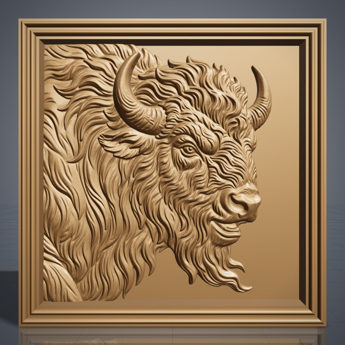 Bison head in side profile facing right with two curved horns, shaggy mane and beard, carved in high relief inside a square stepped molded frame, digital STL model for CNC router carving and 3D printing.