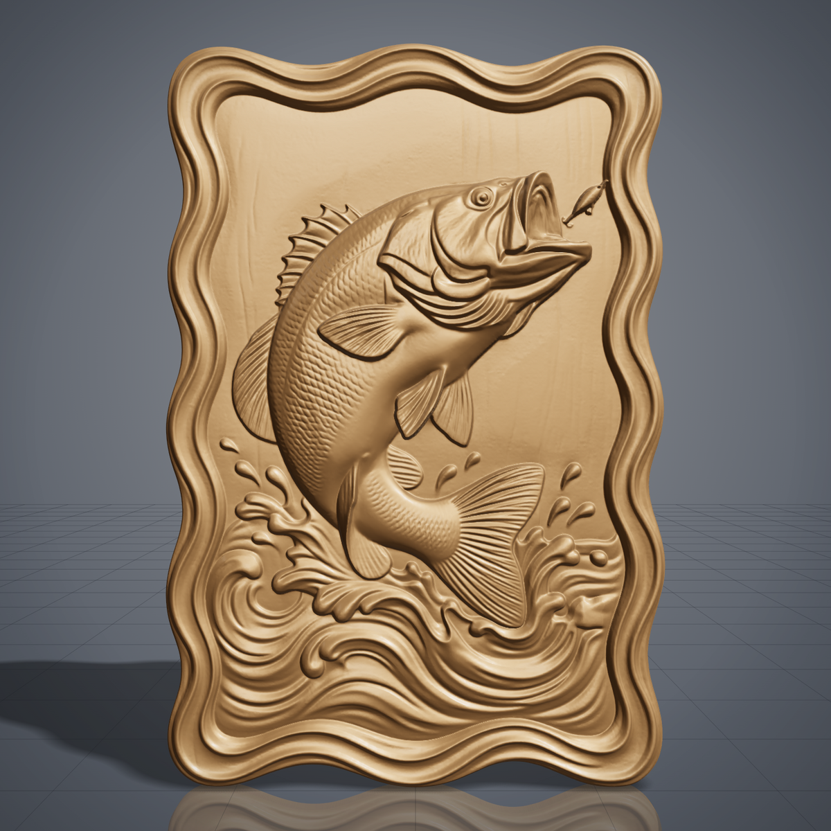 A detailed 3D bas-relief of a largemouth bass leaping from splashing water toward a fishing lure, set within a wavy scalloped-edge rectangular frame. Fine scale texture, fin detail, and dynamic water spray are carved in raised relief with a natural wood grain finish. Designed for CNC relief carving, wood routing, and 3D printing as fishing-themed wall decor.
