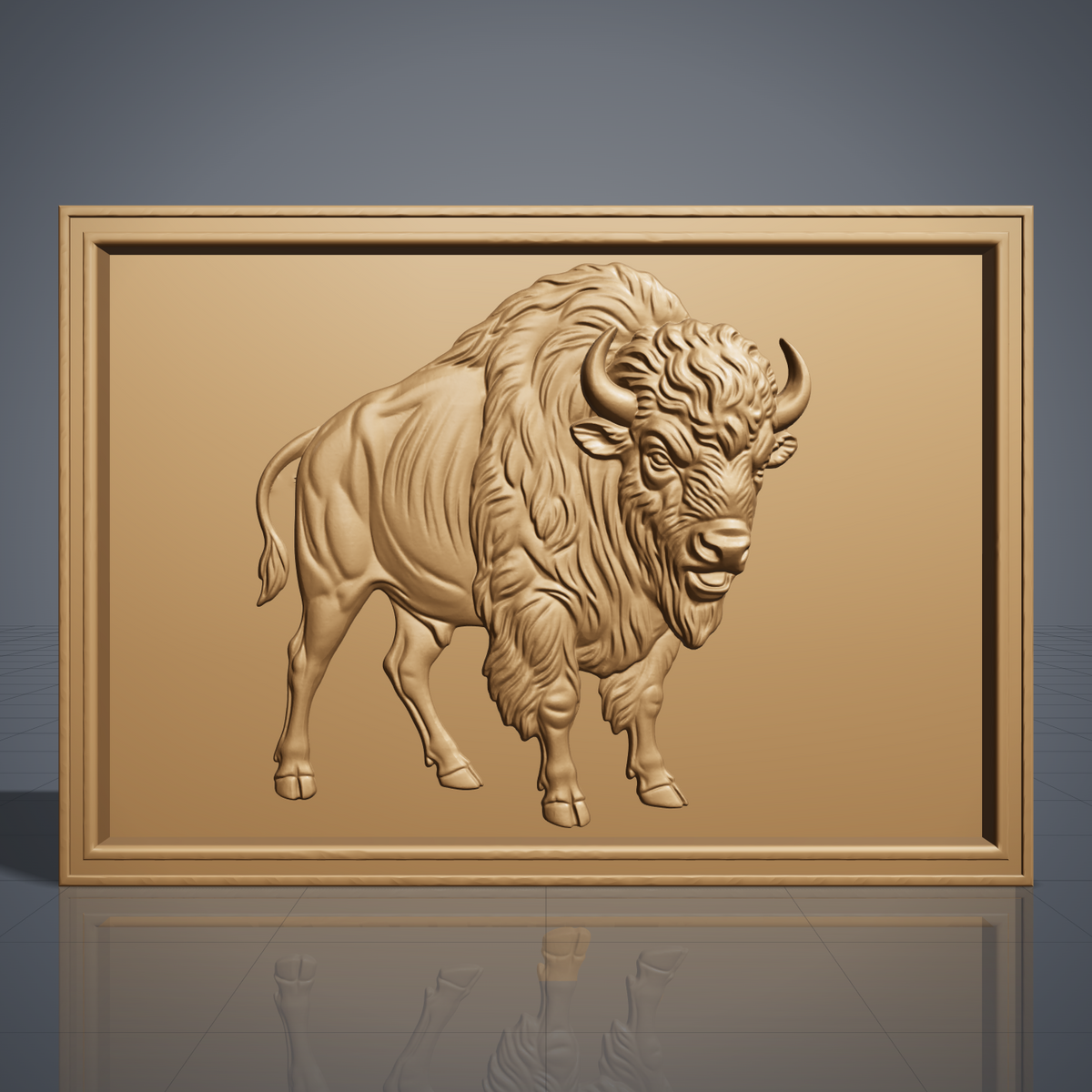 Detailed 3D bas-relief of an American bison standing in three-quarter view with its head turned toward the viewer, showing curved horns, a thick shaggy mane, bearded chin, muscular body and tufted tail. Deep fur texture and raised detail throughout, set inside a stepped rectangular frame border. Designed for CNC relief carving, wood routing and 3D printing as rustic western wall decor.