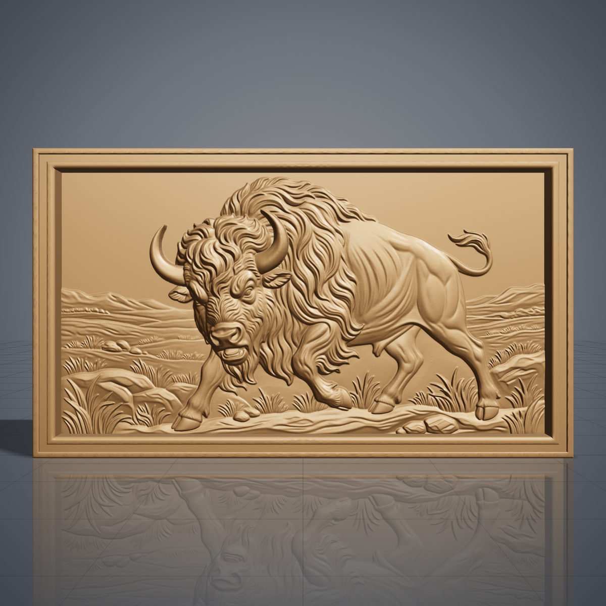 Detailed 3D bas-relief of an American bison charging forward with head lowered toward the viewer, showing curved horns, a flowing shaggy mane, bearded chin, muscular body and raised curled tail. Behind it stretches a prairie landscape with rolling hills, tall grass and scattered rocks. Set inside a wide stepped rectangular frame. Designed for CNC relief carving, wood routing and 3D printing as rustic western wall decor.