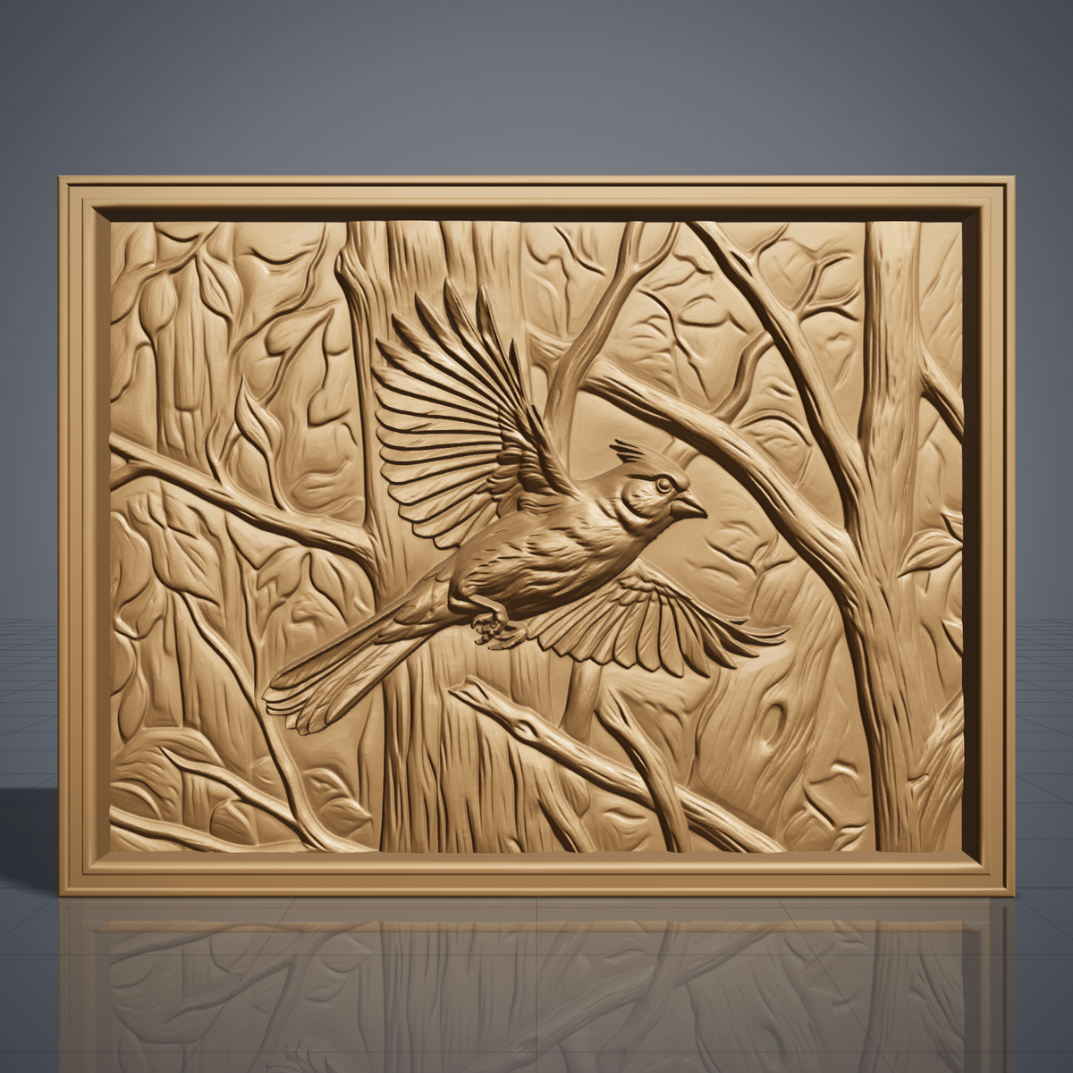 Detailed 3D bas-relief of a cardinal in flight, wings spread and tail fanned, perched among carved forest branches and leaves. The scene is set within a raised rectangular frame border, with fine feather and wood-grain texture throughout. Shown rendered in walnut wood, grey resin, and carved panel finishes. Designed for CNC relief carving, wood routing, and 3D printing as wall decor.
