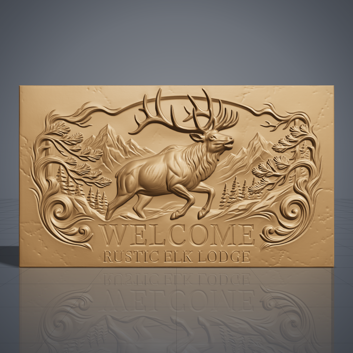Detailed 3D bas-relief of a bugling bull elk leaping before snowy mountain peaks and pine forest, framed by carved pine branches and scrollwork, with raised WELCOME and RUSTIC ELK LODGE lettering. Shown on a flat rectangular slab in carved walnut wood. Designed for CNC relief carving, woodworking and 3D printing as a rustic lodge entry sign.