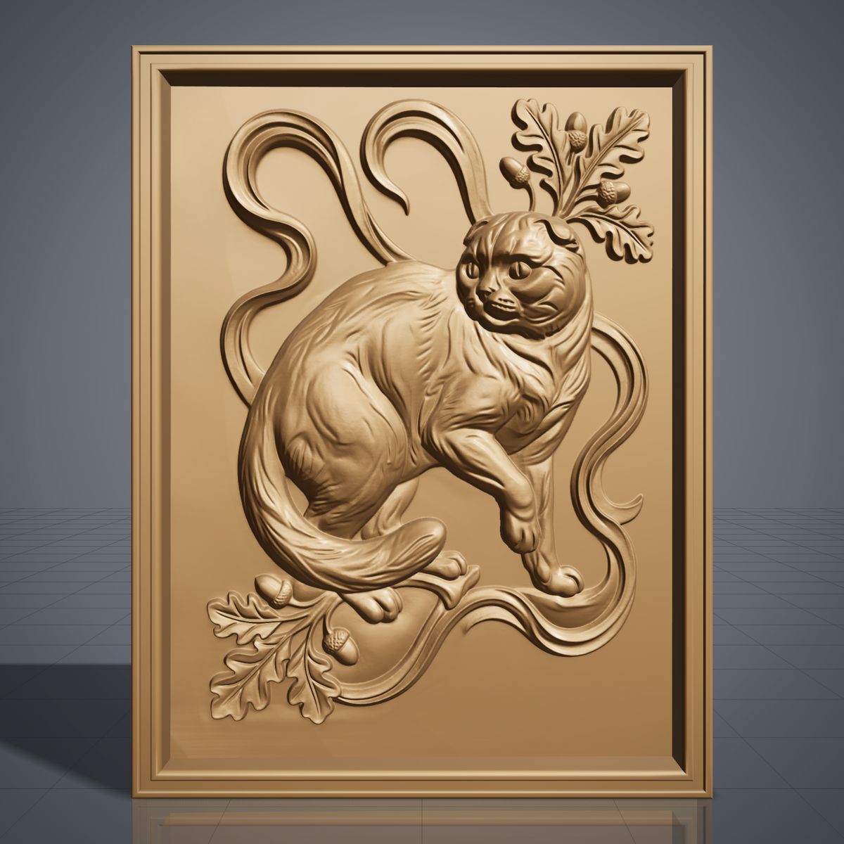 Crouching Scottish Fold cat carved in 3D bas-relief, with an oak leaf and acorn cluster rising behind its head and a curling Art Nouveau vine motif framing the scene. The tail wraps forward beneath a second oak leaf sprig, with fine fur and woodgrain texture throughout. Set within a raised rectangular molded frame. Designed for CNC relief carving, wood routing, resin casting, and 3D printing as wall decor.