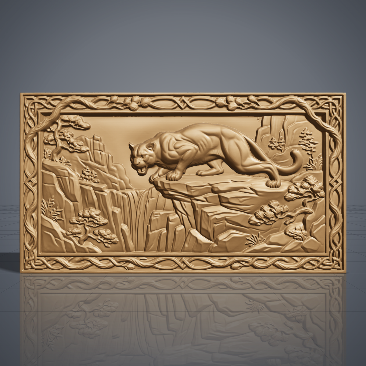 3D bas-relief of a mountain lion crouched on a rocky cliff edge above a waterfall, set in a landscape rectangular frame with a carved vine and Celtic knot border with pine cones. Bonsai-style pine trees, layered cliffs and grass surround the cougar. Smooth sculpted muscle detail and fine rock texture. Designed for CNC relief carving, woodworking and 3D printing as wide wall decor.