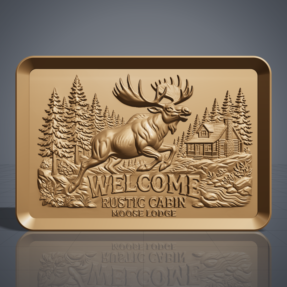 Leaping bull moose with large antlers in front of tall pine trees, a log cabin with stone chimney and a rocky stream, with carved WELCOME RUSTIC CABIN MOOSE LODGE lettering, shown as a landscape rectangular frame relief plaque with a raised rim, digital STL model for CNC router carving and 3D printing.