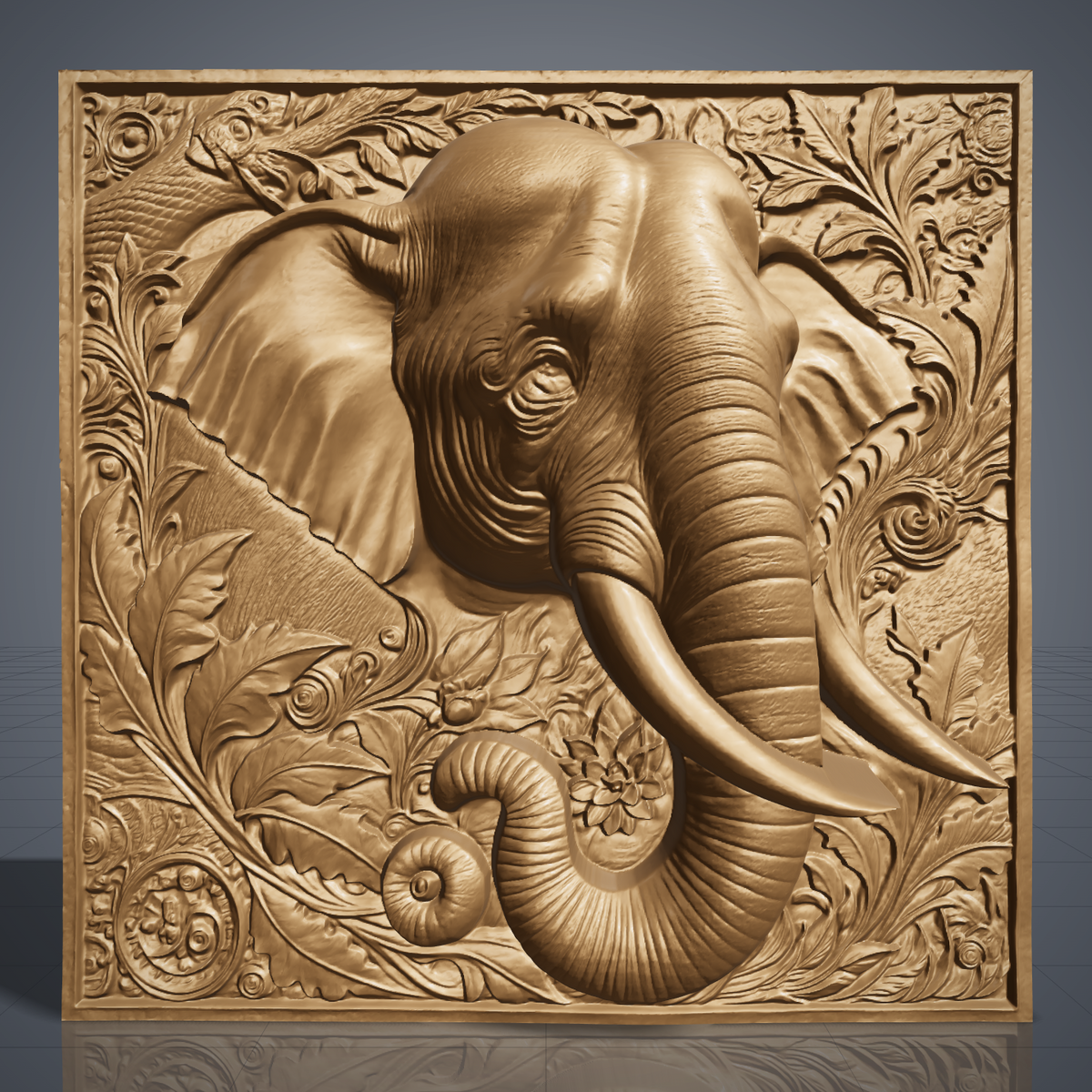 Elephant head carved in dark walnut wood inside a square frame with scrolling leaves, flowers and a curled trunk, shown as a workshop mockup and a grey resin render. Digital STL relief file for CNC routers and 3D printers, ideal for wildlife wall art, panels and woodworking projects.