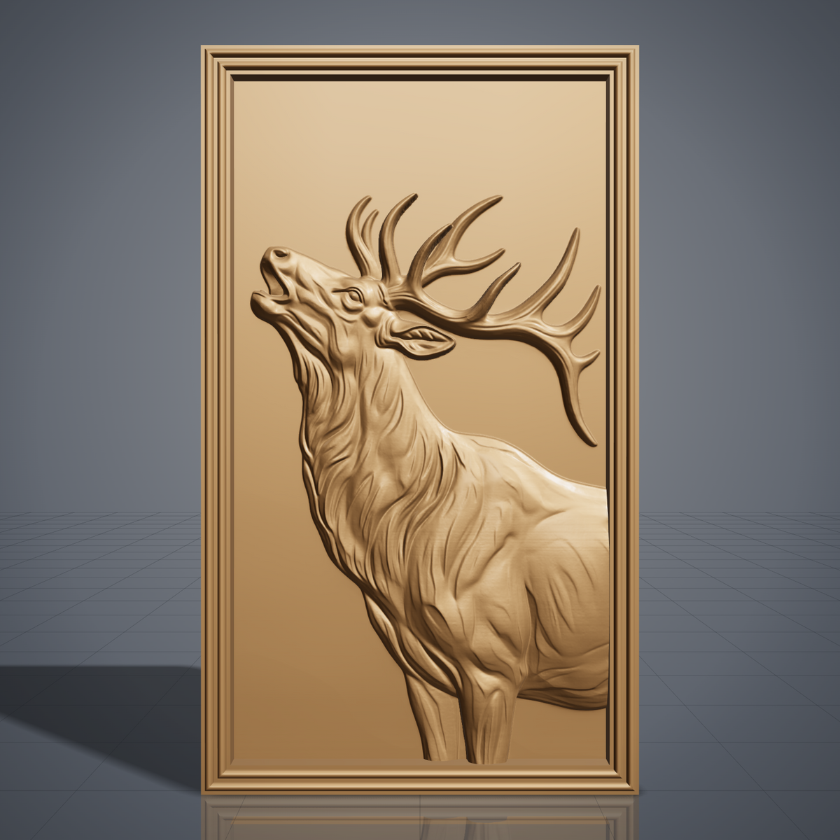 Detailed 3D bas-relief of a bull elk in side profile with head raised, large branching antlers, flowing mane and fine fur texture. Set in a rectangular panel with a stepped molded frame, shown in carved walnut wood. Designed for CNC relief carving, woodworking and 3D printing as rustic wildlife wall decor.
