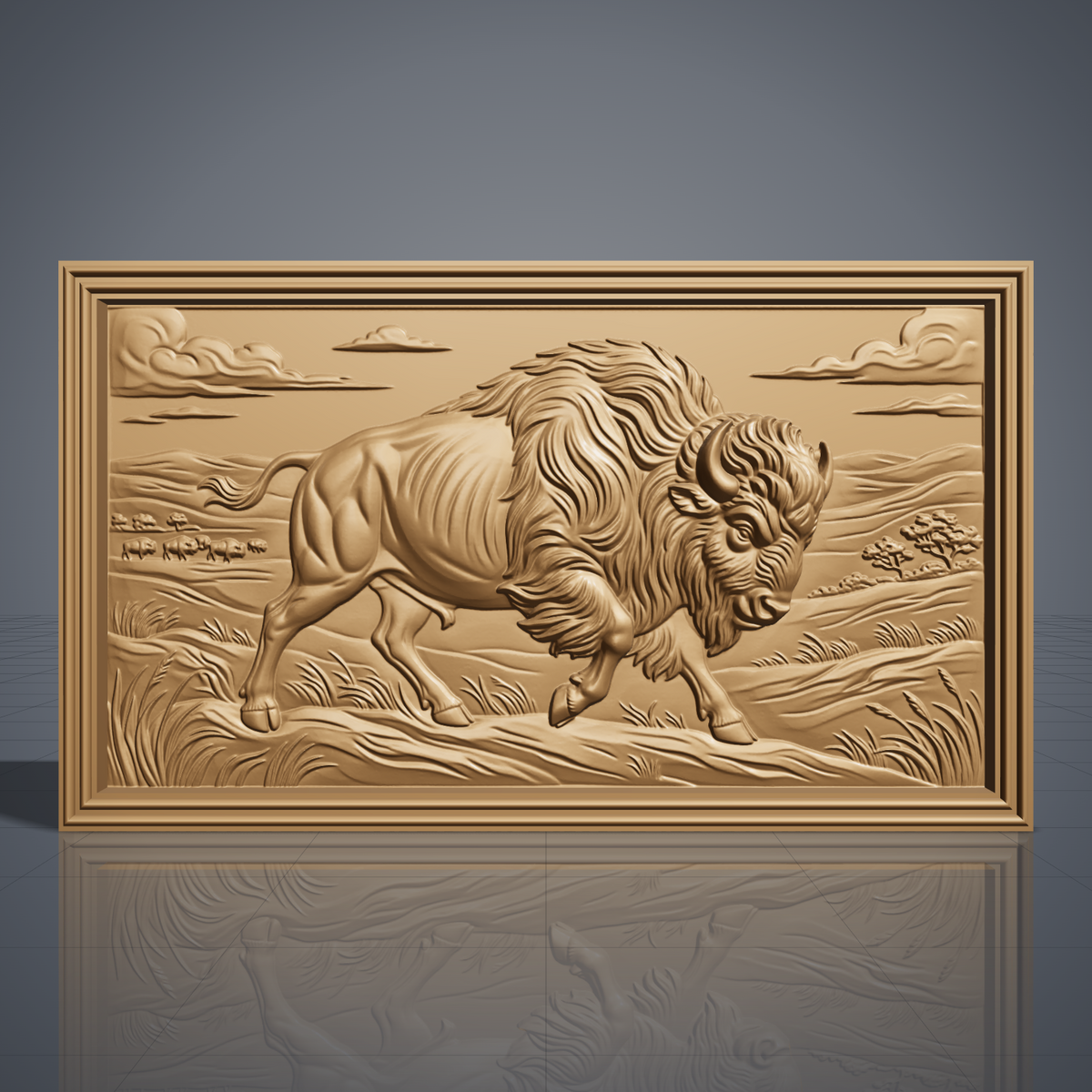Bison walking across an open prairie with rolling hills, grass, a distant herd, trees and sculpted clouds, carved in high relief inside a wide landscape rectangle frame, digital STL model for CNC router carving and 3D printing.