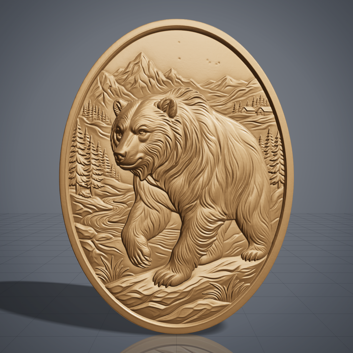 High-relief 3D bas-relief of a walking grizzly bear with flowing fur on an oval slab, set in a mountain valley with pine trees, a winding river, rocks, grass and a log cabin. Flat slab margin with no raised frame. Designed for CNC relief carving, wood routing and 3D printing as rustic cabin wall decor.
