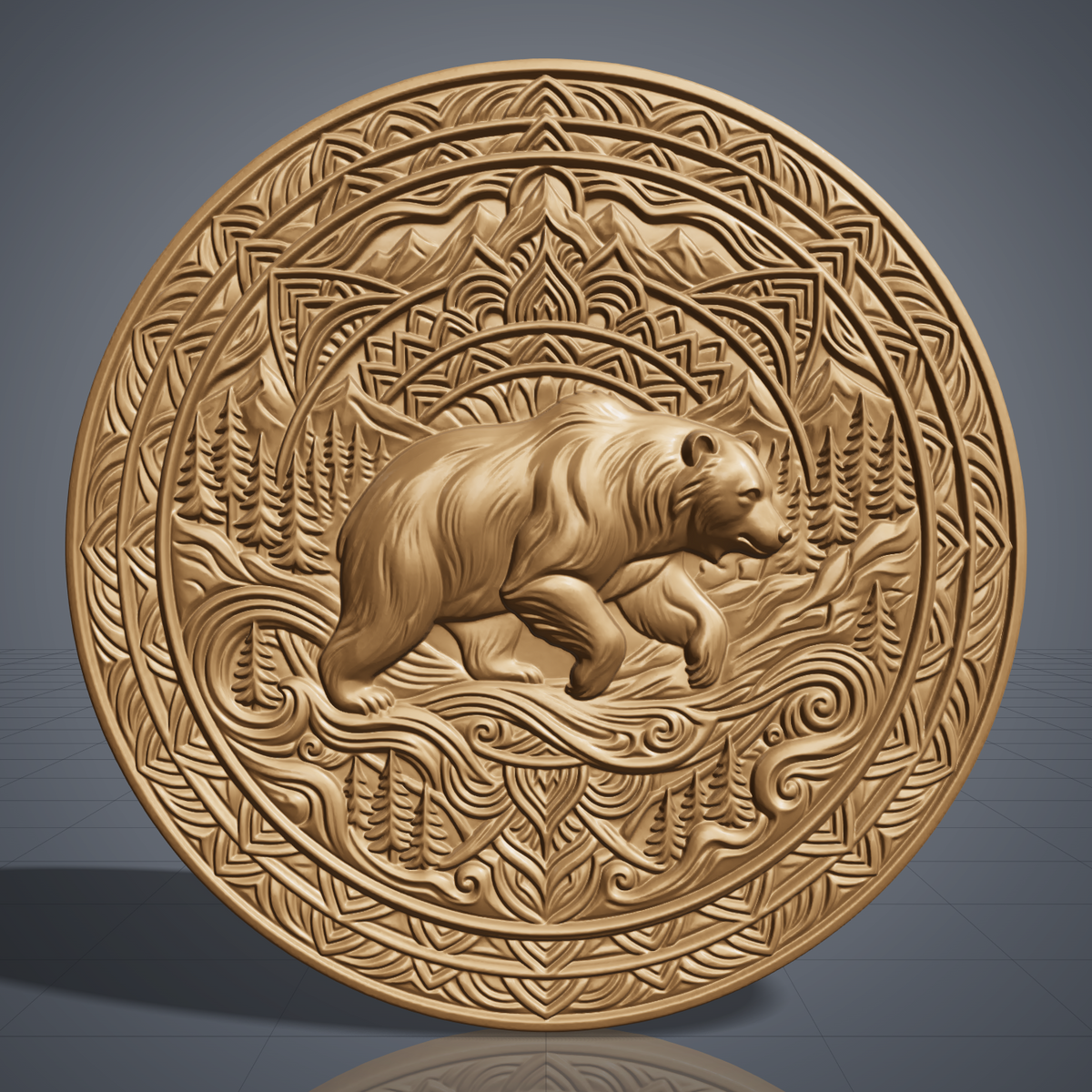 Detailed 3D bas-relief of a walking bear in a pine forest with mountains, set inside an ornate circular mandala frame of concentric rings, scrollwork and geometric patterns. Carved wood texture with raised detail and deep shadows. Designed for CNC carving, wood routing, 3D printing and rustic wall decor.