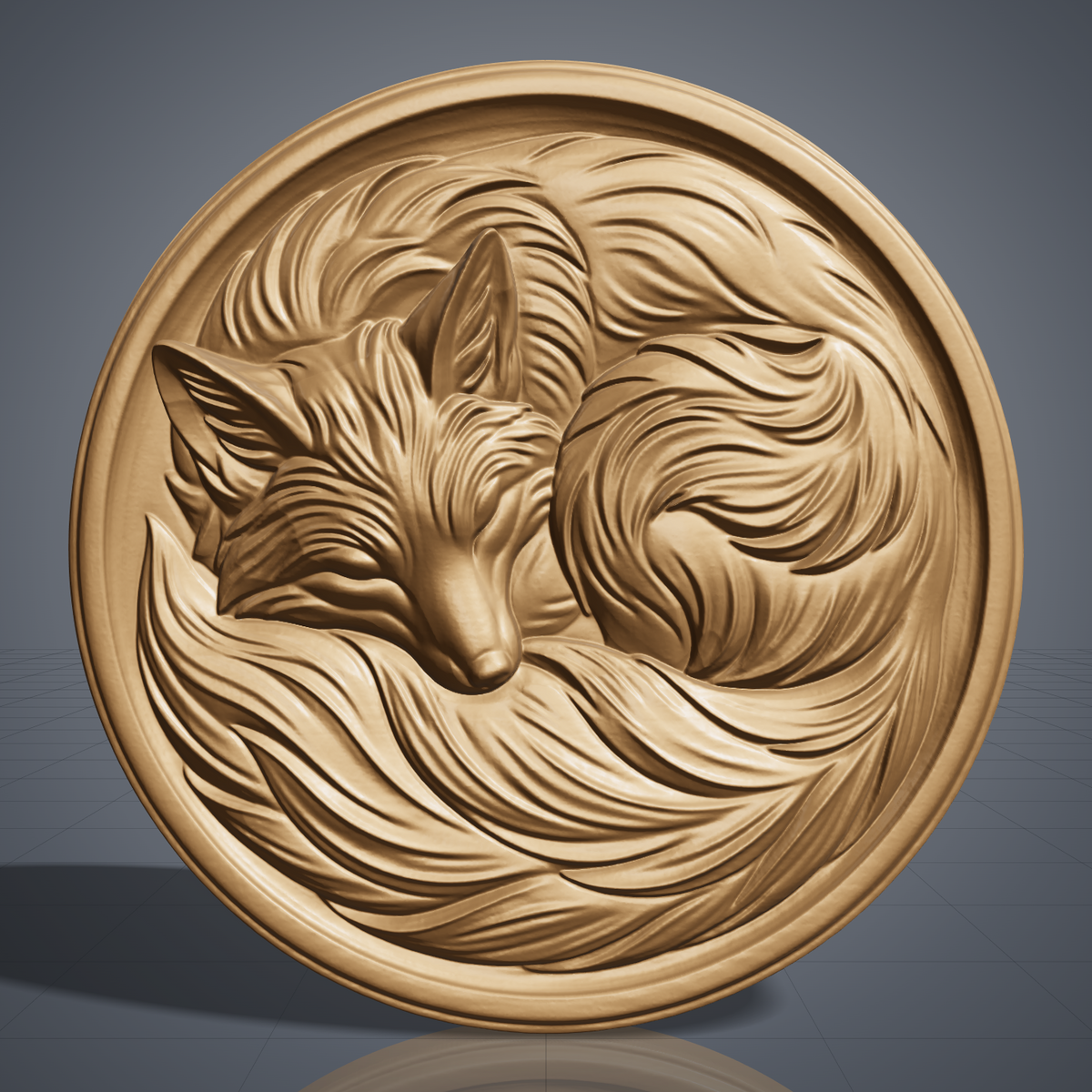 Detailed 3D bas-relief of a mother fox curled around two kits, nuzzling one tucked in her paws while the second lies on its back reaching up to her. Oak leaves and acorns fill the recessed field, framed by a ring of raised beads between two smooth rims. Carved wood texture in high relief. Designed for CNC relief carving, wood routing, and 3D printing as nursery and woodland wall decor.
