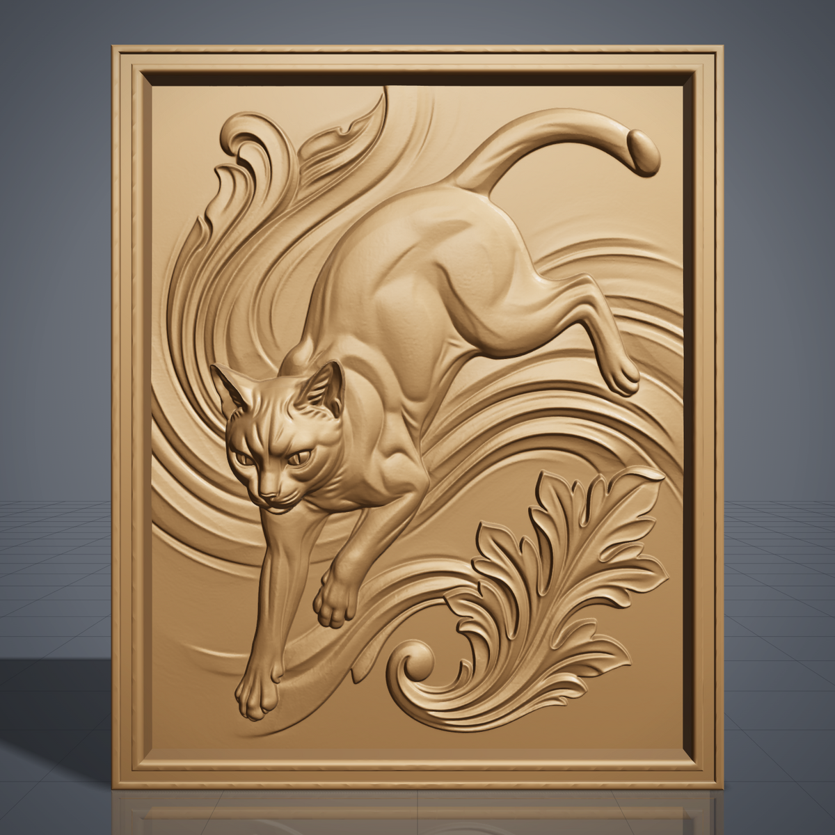 3D bas-relief of a prowling cat, captured mid-stride with an arched back and curled tail, carved amid flowing acanthus scrollwork and leafy filigree. The scene is set within a raised rectangular molded frame with clean beveled edges. Fine fur texture and muscle definition run throughout the sculpt. Designed for CNC relief carving, wood routing, and 3D printing as wall decor or a display plaque.