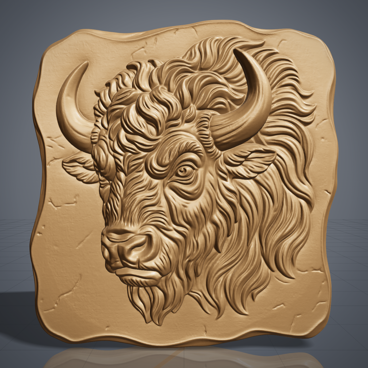 Bison head with long curved horns, shaggy mane and a fierce eye, carved in high relief on an irregular wavy cracked-stone slab, shown as a nearly square slab plaque without a frame, digital STL model for CNC router carving and 3D printing.
