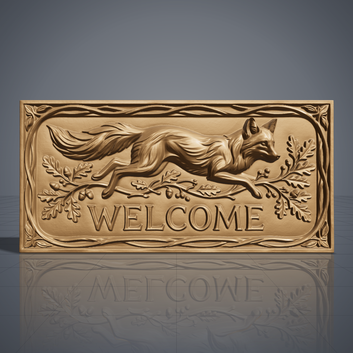 Detailed 3D bas-relief welcome sign showing a red fox leaping to the right with a long bushy tail, set over a flowing branch of oak leaves, acorns and berries. Raised WELCOME lettering sits below, all inside a wide rectangular frame of twisted vines with leaf accents at each corner. Designed for CNC relief carving, wood routing and 3D printing as rustic front door or porch decor.