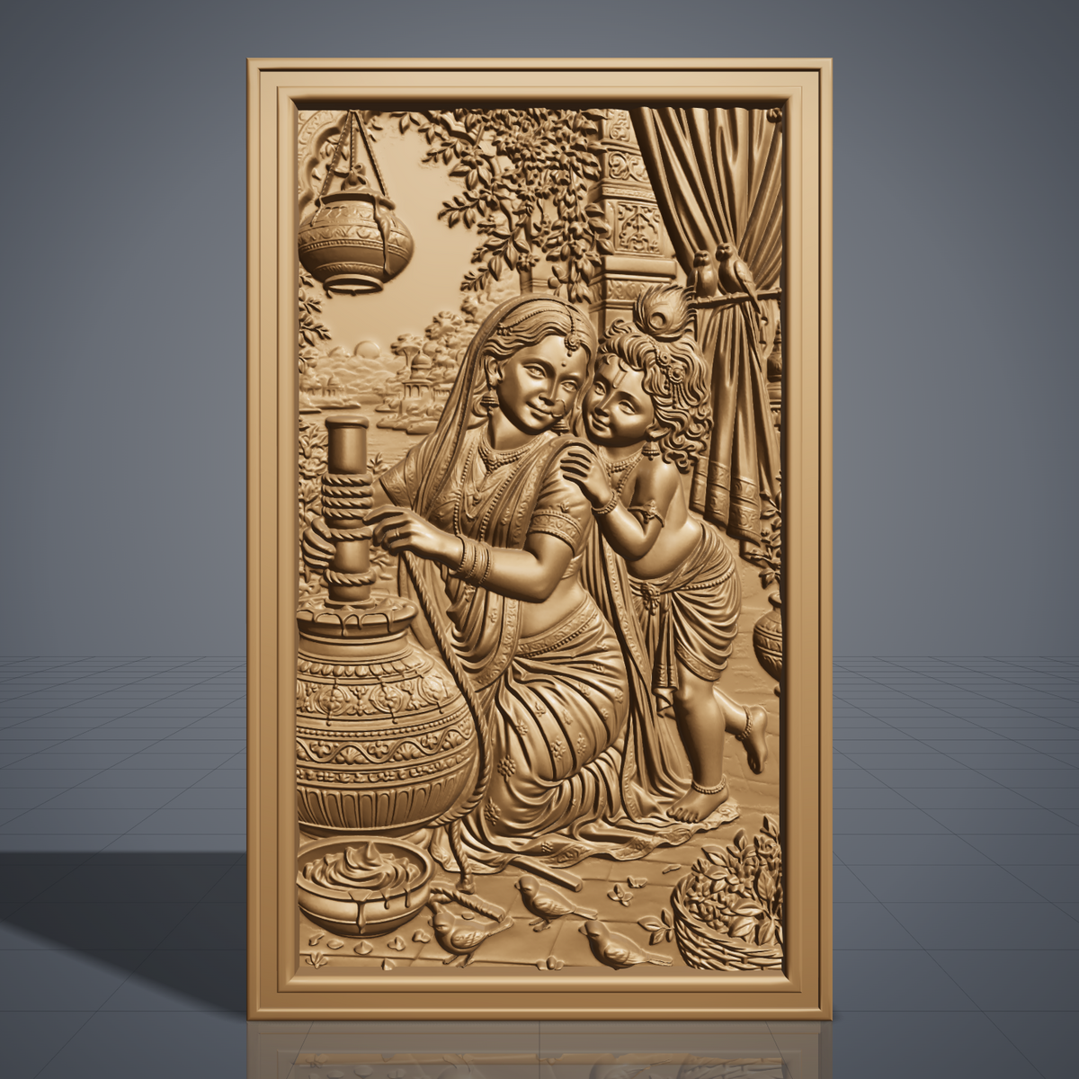 3D bas-relief of Yashoda churning butter beside young Krishna, who leans affectionately on her shoulder. The scene includes a hanging clay pot, flowering branches, a draped curtain with two parrots, and small birds at their feet, all carved with fine detail and rich wood grain texture. Set within a plain rectangular frame with a smooth molded border. Designed for CNC relief carving, wood routing, and 3D printing as devotional wall decor.