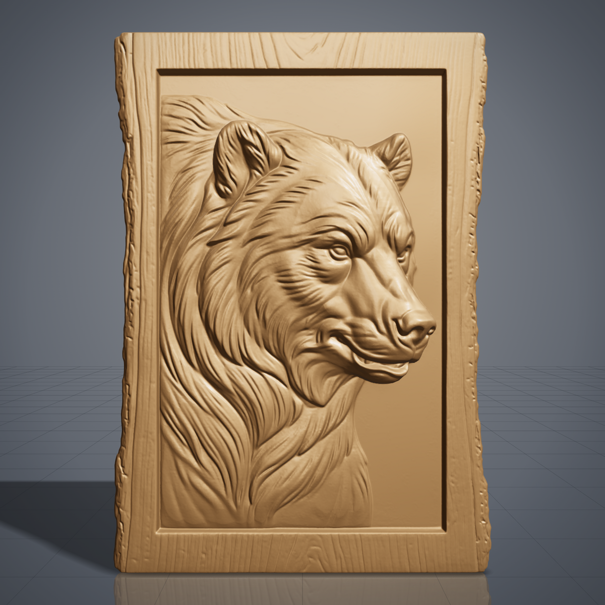 Detailed 3D bas-relief of a bear head in side profile with thick flowing fur, alert eyes and rounded ears, set inside a recessed panel. Framed by a rustic live edge wood border with natural bark texture and a raised inner rim. Shown in carved walnut wood and grey resin. Designed for CNC relief carving, woodworking and 3D printing as rustic cabin wildlife wall decor.