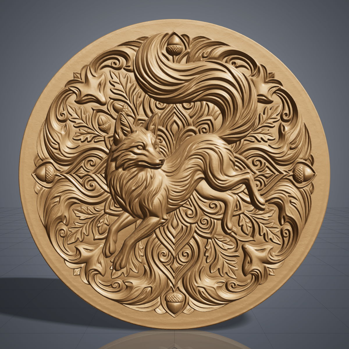 Highly detailed 3D bas-relief of a fox looking back over its shoulder, with a large swirling tail, oak leaves, acorns and symmetrical scrollwork forming a round mandala medallion with a plain raised rim. Shown carved in walnut wood, wood panel and grey resin. Designed for CNC relief carving, wood routing and 3D printing as wall decor.