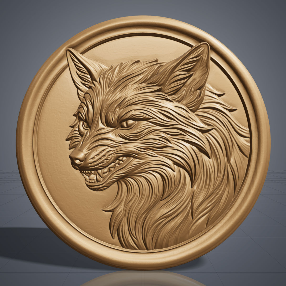 A high-relief 3D carving of a snarling fox head, bared teeth, narrow eyes, and a flowing fur mane rendered in fine raised detail. The bust is set within a raised circular medallion frame with a smooth rim. Carved wood texture shown for reference. Designed for CNC relief carving, wood routing, resin casting, and 3D printing as wall decor or a medallion plaque.