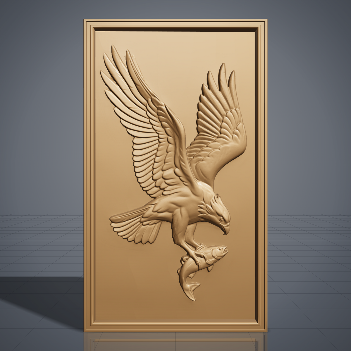 Highly detailed 3D bas-relief of a bald eagle diving with wings raised and spread wide, talons gripping a fish, head turned down toward its catch, carved in rich walnut wood. Framed by a raised, molded picture-frame border on a vertical rectangular panel. Fine relief carving captures individual feather barbs, fish scales, and natural wood grain. Designed for CNC relief carving, wood routing, and 3D printing as wildlife, lodge, or patriotic wall decor.