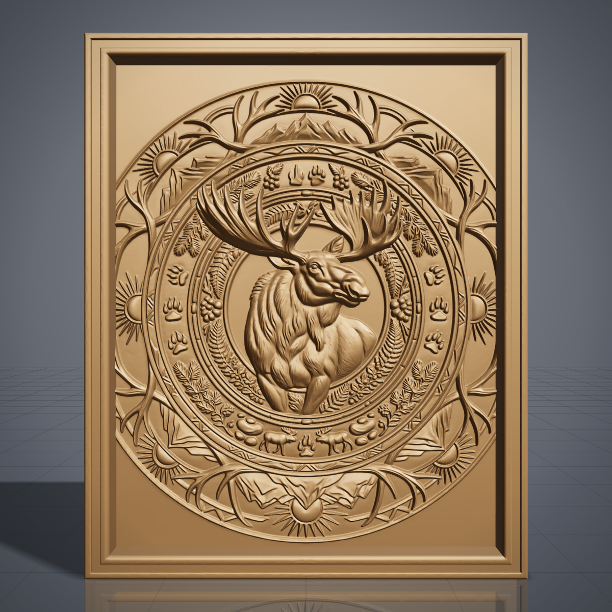 High-relief 3D bas-relief of a bull moose inside a circular mandala medallion of antlers, mountains, rising suns, ferns, berries and paw prints, set in a stepped rectangular frame. Fine fur, muscle and antler detail with layered rings rising from a smooth background. Designed for CNC relief carving, wood routing and 3D printing as rustic wildlife wall decor for a cabin, lodge or hunting den.