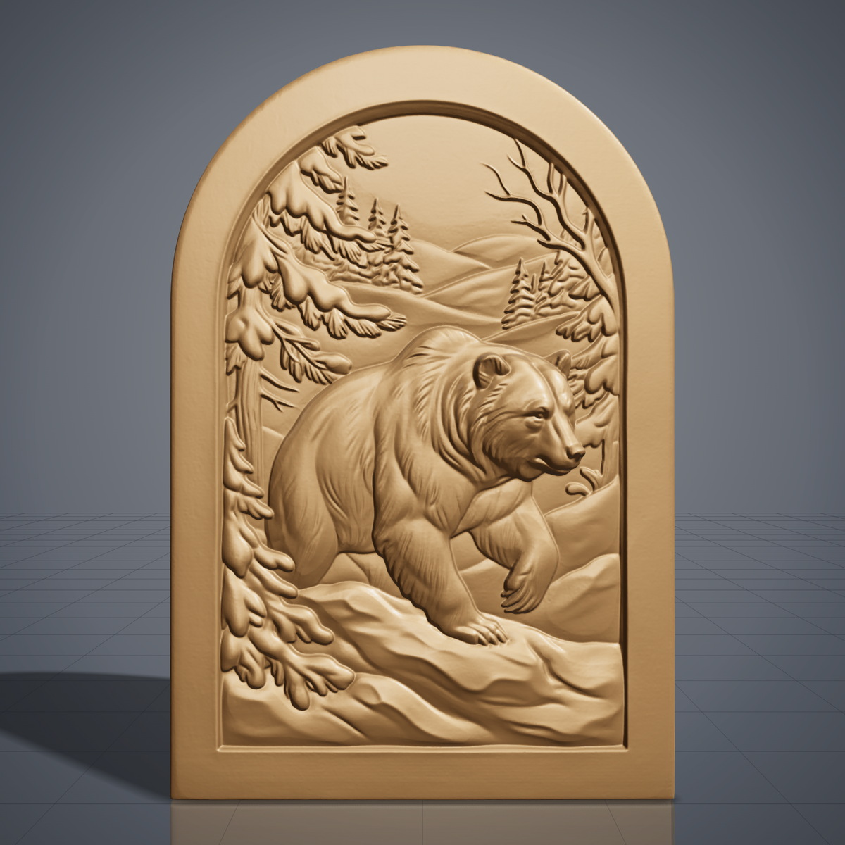 Detailed 3D bas-relief of a brown bear walking through a snowy winter forest, front paw raised, with snow-laden pine branches, bare winter branches, distant fir trees and rolling hills. Set in a recessed arched panel with a stepped molded frame. Fine fur and snow texture. Designed for CNC relief carving, woodworking and 3D printing as rustic cabin wall decor.