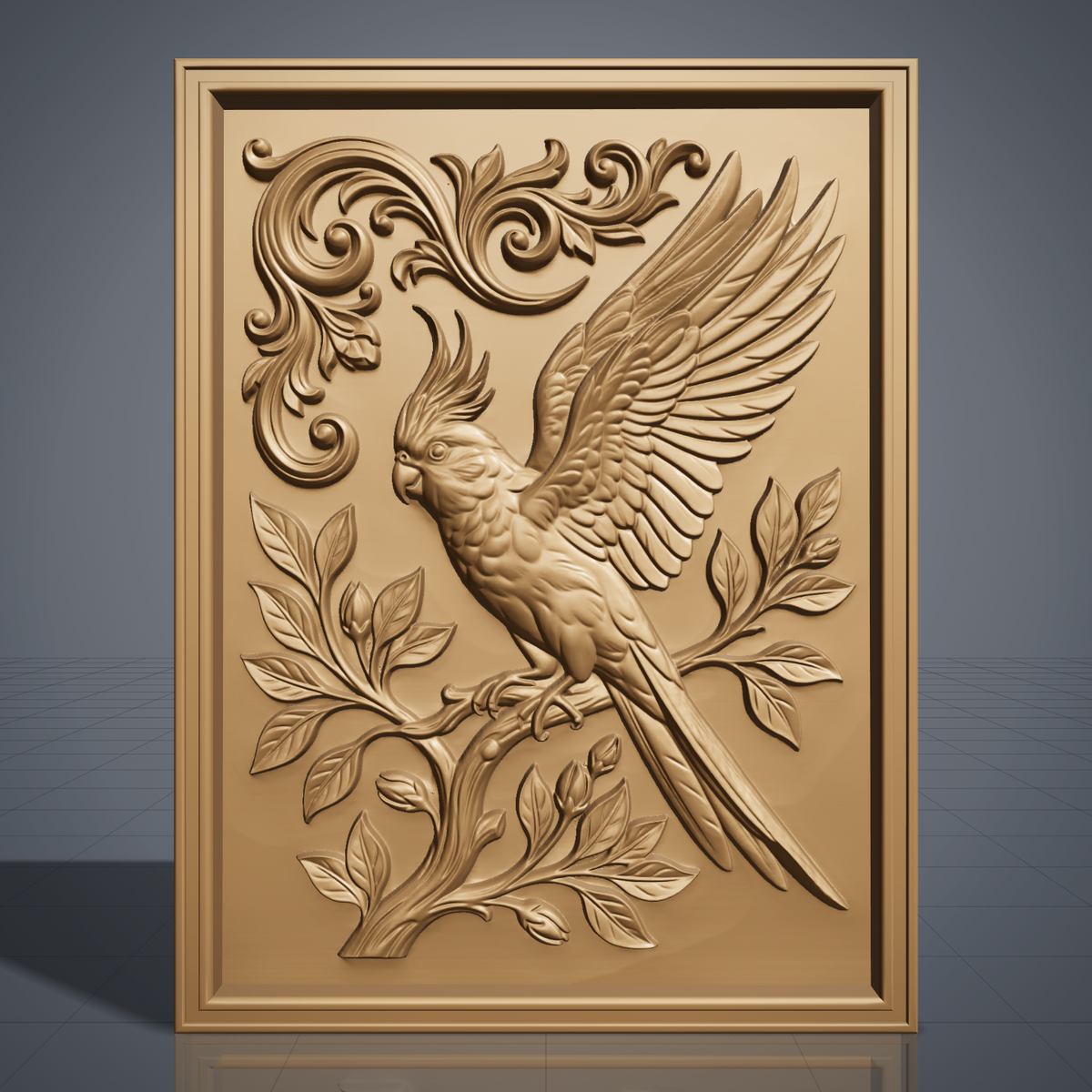 Highly detailed 3D bas-relief of a crested cockatoo with one wing raised and spread, perched on a flowering branch with budding leaves and long tail feathers trailing below, set against ornate scrollwork carved in rich walnut wood. The scene is framed by a raised, molded picture-frame border on a vertical rectangular panel. Fine relief carving captures individual feathers, leaf veins, and natural wood grain throughout. Designed for CNC relief carving, wood routing, and 3D printing as bird lover,