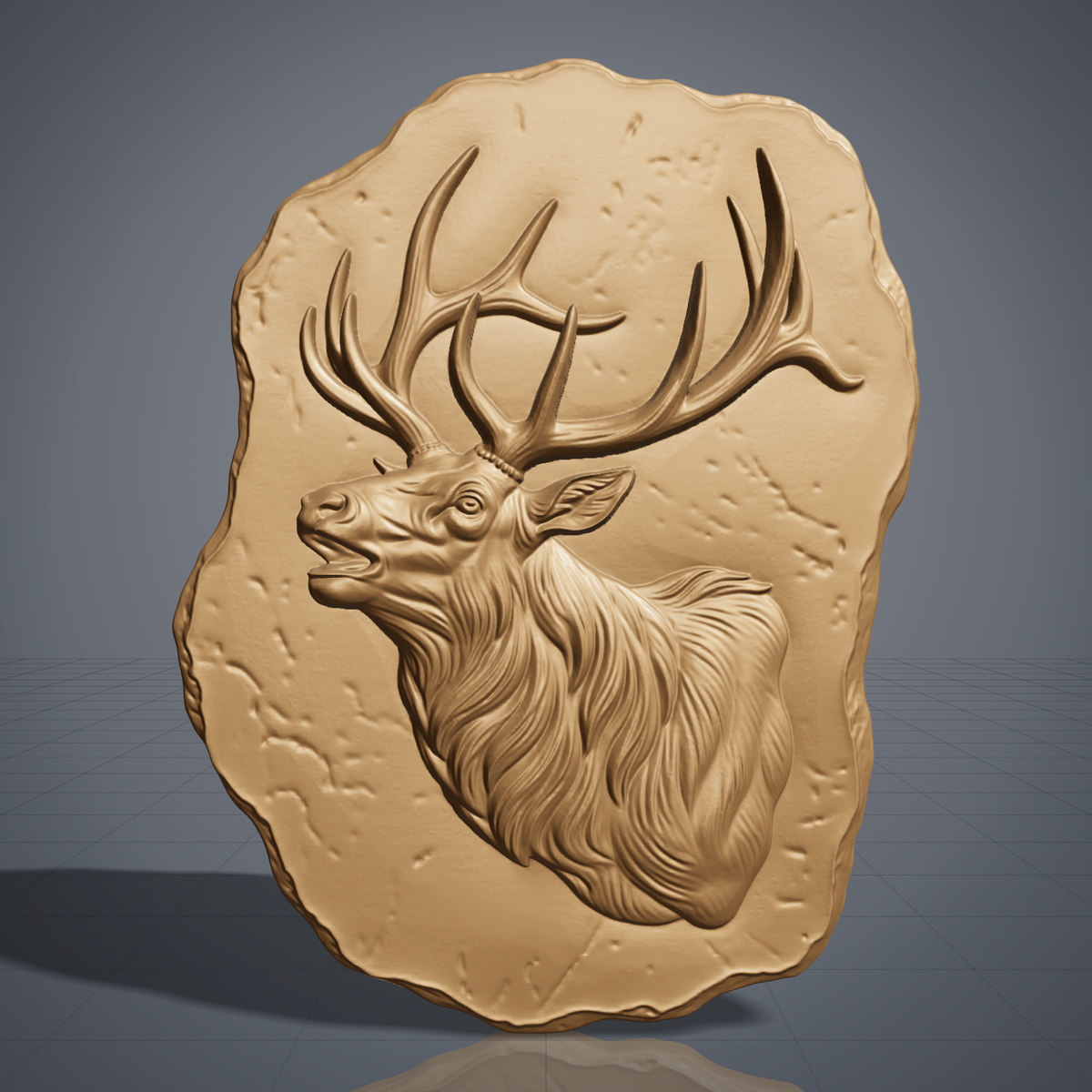 Detailed 3D bas-relief of a bugling bull elk in side profile with open mouth, large branching antlers, shaggy mane and fine fur texture. Set on a rough-edged stone plaque with weathered surface texture, shown in carved walnut wood. Designed for CNC relief carving, woodworking and 3D printing as rustic wildlife wall decor.