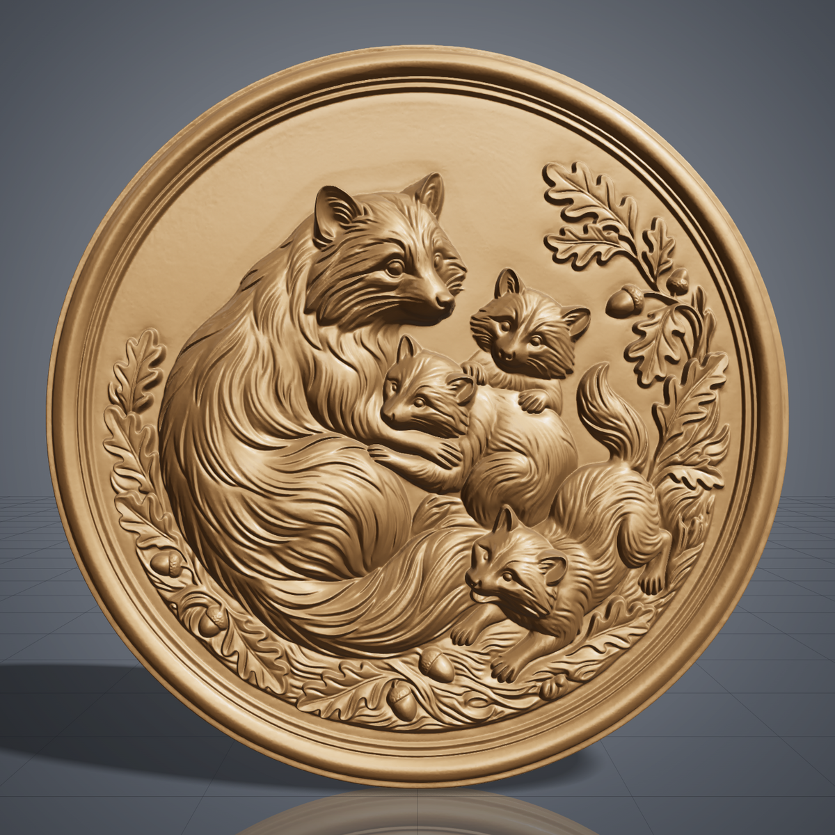 A mama raccoon cradles two kits while a third kit rests nearby, carved in deep 3D bas-relief with fine fur texture and expressive eyes. An oak leaf and acorn wreath wraps the scene, framed within a raised double-ring circular border. Designed for CNC relief carving, wood routing, and 3D printing as rustic wall decor.