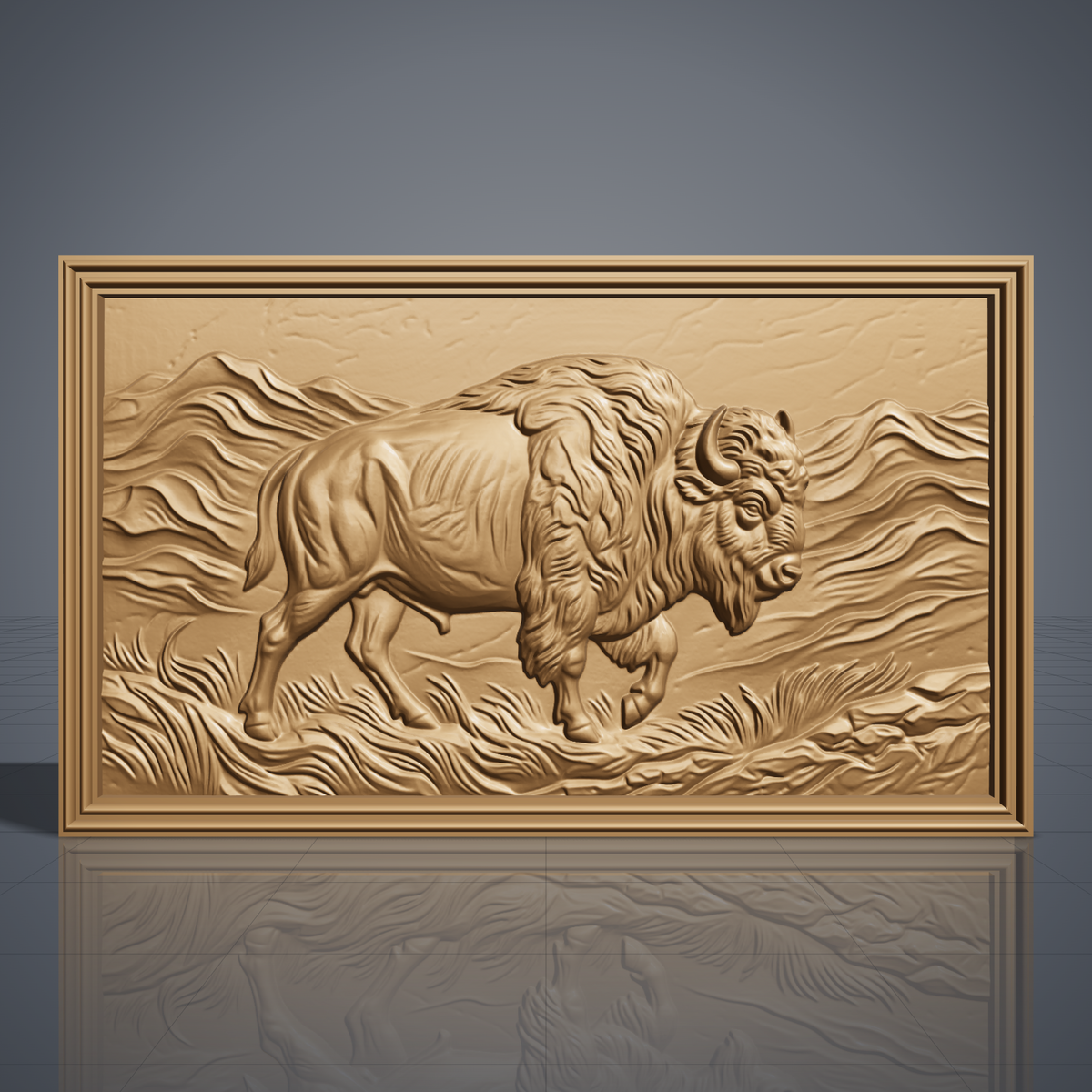 Detailed 3D bas-relief of an American bison walking through rolling mountains and wind-swept prairie grass, with shaggy mane, curved horn, raised front hoof and fine fur texture. Set in a rectangular panel with a stepped molded frame, shown in carved walnut wood. Designed for CNC relief carving, woodworking and 3D printing as rustic western wall decor.