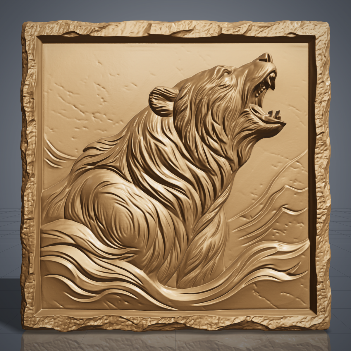 Detailed 3D bas-relief of a roaring bear with head raised and mouth open, thick flowing fur and mountain ridges behind. Set in a square panel with a rough hewn stone style border around a recessed field. Shown in carved walnut wood and grey resin. Designed for CNC relief carving, woodworking and 3D printing as rustic cabin and wildlife wall decor.