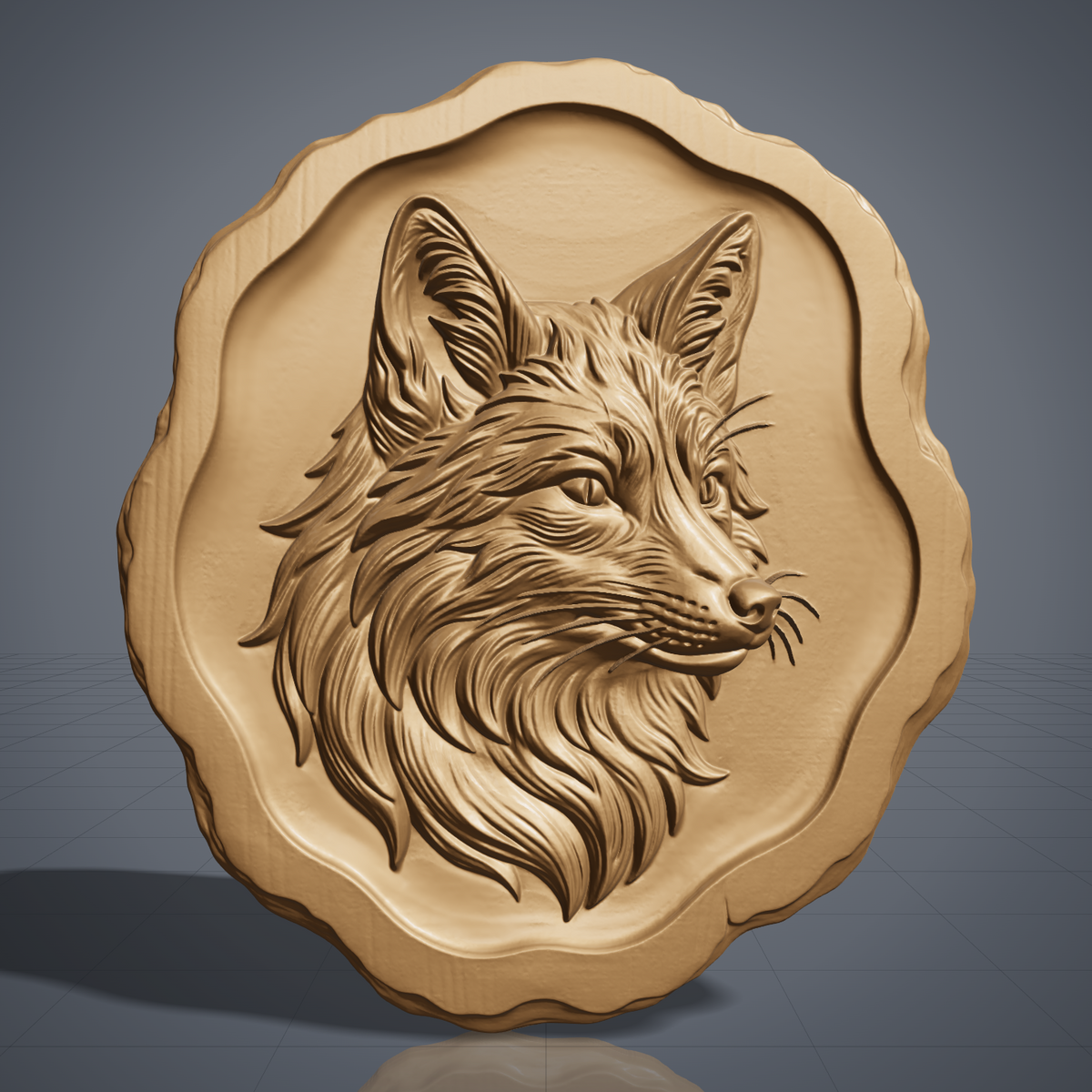 Detailed 3D bas-relief of a fox head in three-quarter profile, ears raised and whiskers fanning from a dotted muzzle, with flowing layered fur carved into a thick ruff. Framed by a live edge wavy border and recessed inner panel on a round wood plaque. Fine strand and woodgrain texture in raised relief. Designed for CNC relief carving, wood routing, and 3D printing as rustic wildlife wall decor.