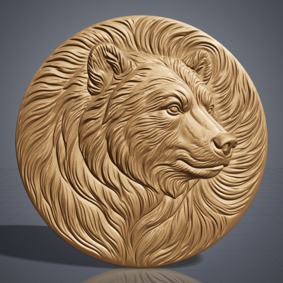 Detailed 3D bas-relief of a grizzly bear head in profile with flowing fur swirling to the edge of a round medallion disc, with expressive eyes, rounded ears and textured muzzle. Shown in carved walnut wood and grey resin. Designed for CNC relief carving, woodworking and 3D printing as rustic cabin wildlife wall decor.