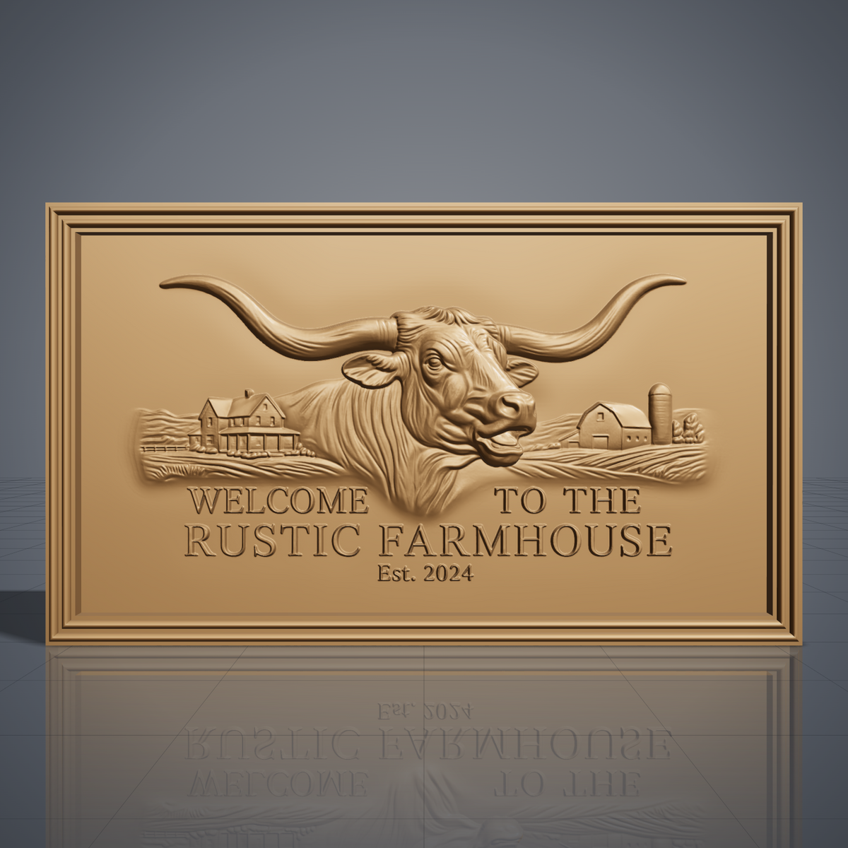 Detailed 3D bas-relief of a Texas longhorn bull with wide curved horns, set in a farmhouse and barn landscape with rolling fields and a silo. Raised lettering reads Welcome to the Rustic Farmhouse Est. 2024 below the bull, all inside a stepped molded rectangular frame. Fine hair, horn and wood-ready surface detail. Made for CNC router carving, woodworking, 3D printing and rustic western wall decor.