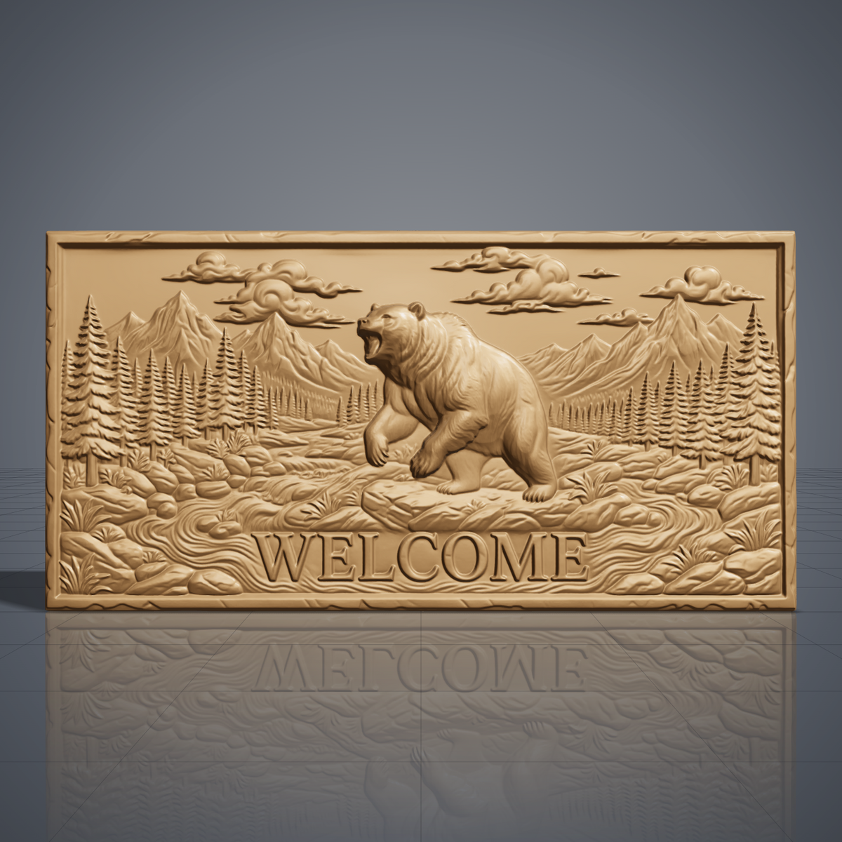 Detailed 3D bas-relief of a roaring grizzly bear standing on its hind legs in a mountain valley, with WELCOME lettering carved below. Pine forest, rocky stream, rugged peaks and billowing clouds fill the scene on a rectangular slab with a rough stone-style edge. Fine fur texture. Designed for CNC relief carving, woodworking and 3D printing as rustic cabin and porch wall decor.
