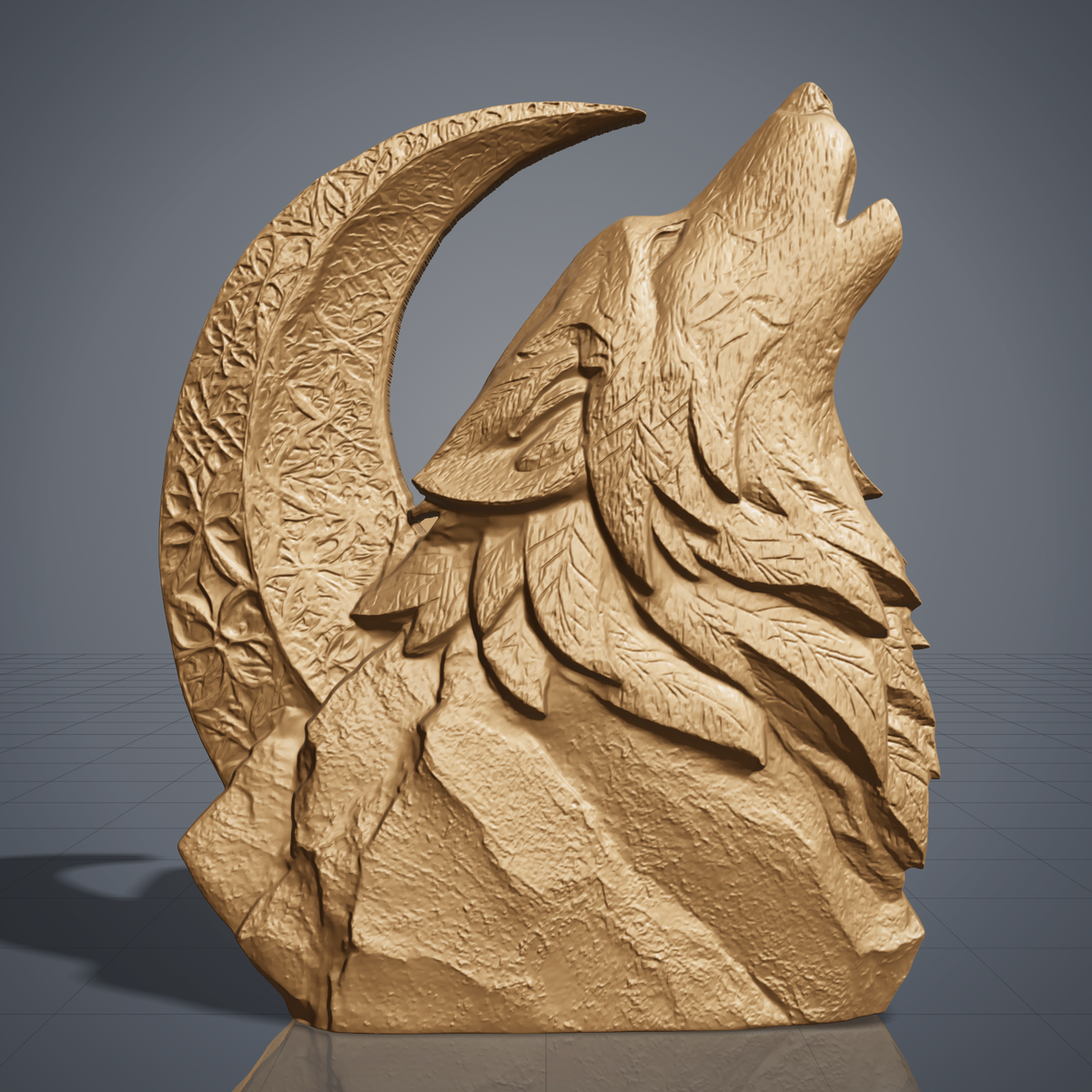 Detailed 3D bas-relief cutout of a wolf howling at a large crescent moon, perched on a rugged mountain rock. Layered fur tufts, leaf-like mane carving and intricate floral texture on the moon. Carved wood texture with raised detail and deep shadows. Designed for CNC carving, wood routing, 3D printing and rustic wall decor.