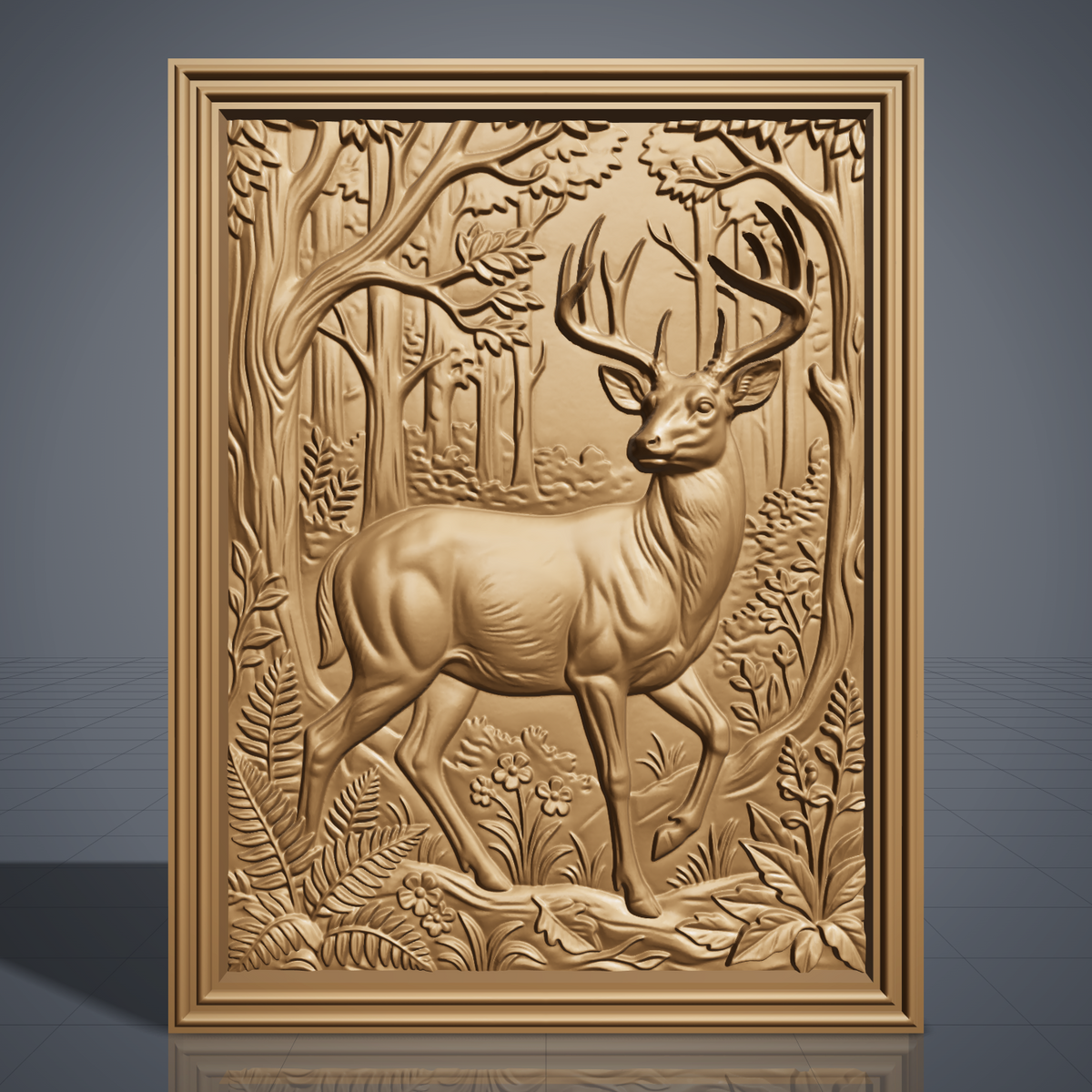 3D bas-relief of a majestic buck with a full set of antlers, standing in a woodland scene inside a rectangular frame with a moulded stepped border. Tall trees, leafy branches, ferns, wildflowers and a fallen log surround the deer. Smooth sculpted anatomy and fine foliage detail. Designed for CNC relief carving, woodworking and 3D printing as rectangular wall decor.