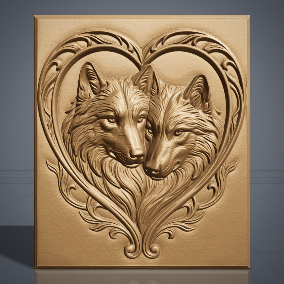 Bas-relief of two wolves nuzzling nose to nose, encircled by ornate heart-shaped scrollwork carved into a rectangular panel with a raised molded border. Rich wood-grain texture and fine fur detail run throughout the piece. Designed for CNC relief carving, wood routing, and 3D printing as rustic wall decor.