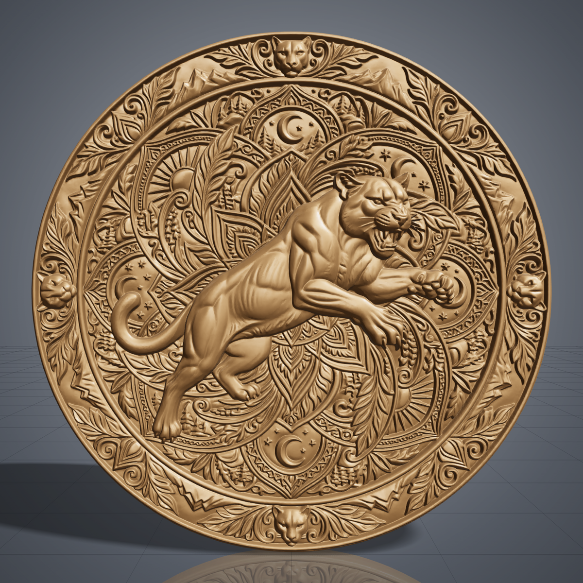 Mountain lion carved in dark walnut wood inside a round mandala frame with leaf scrollwork, moon and sun motifs and cougar head accents, shown as a workshop mockup and a grey resin render. Digital STL relief file for CNC routers and 3D printers, ideal for wildlife wall art, panels and woodworking projects.