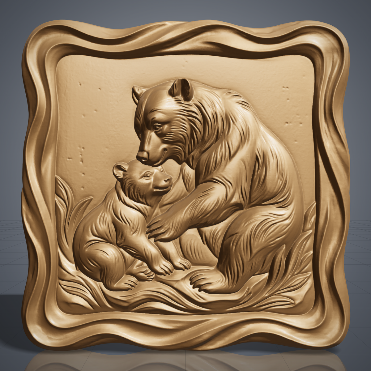 Detailed 3D bas-relief of a mama bear hugging and nuzzling her cub on grassy ground, with fine fur texture and wild grass blades. Framed by a thick raised wavy cloud-shaped border around a recessed square panel. Shown in carved walnut wood and grey resin. Designed for CNC relief carving, woodworking and 3D printing as nursery, cabin and wildlife wall decor.