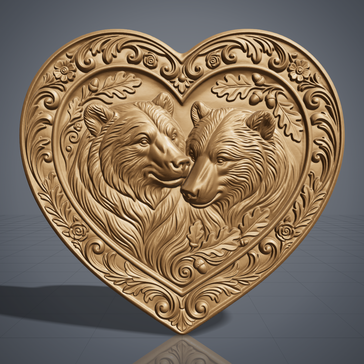 Detailed 3D bas-relief of two bears nuzzling cheek to cheek with thick flowing fur, framed in a heart-shaped panel with an ornate floral scroll border, oak leaves and acorns. Shown in carved walnut wood and grey resin. Designed for CNC relief carving, woodworking and 3D printing as romantic wall decor.