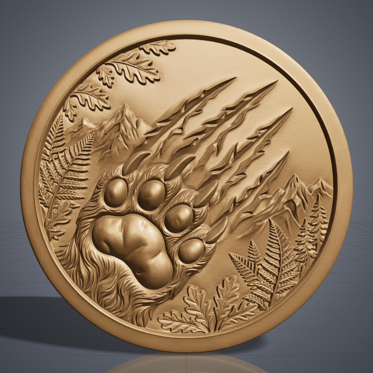 Detailed 3D bas-relief of a large bear paw with four toe pads and curved claws, with deep claw scratch marks slashing across a round medallion. Mountain peaks, ferns, oak leaves and pine trees fill the scene inside a raised ring border. Shown in carved walnut wood and grey resin. Designed for CNC relief carving, woodworking and 3D printing as rustic cabin wildlife wall decor.