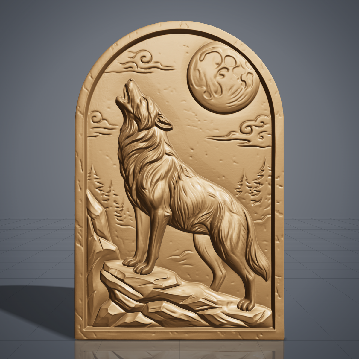 Detailed 3D bas-relief of a wolf howling at a full moon, standing on a rocky ledge with deep fur texture, swirling clouds, pine trees and mountain rocks behind. The scene is carved on an arched-top panel with a thin raised border and rustic wood grain. Designed for CNC router carving, wood routing and 3D printing as wolf wall decor for a cabin or lodge.