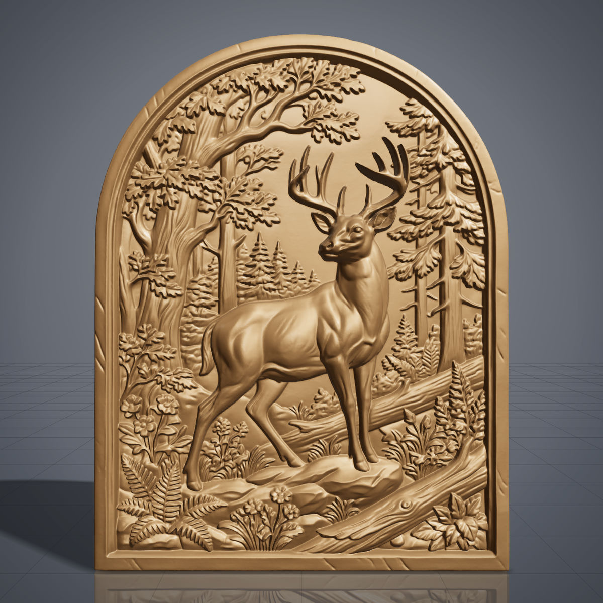 3D bas-relief of a standing buck with a full set of antlers, set in an arched-top frame. Oak trees, tall pines, ferns, wildflowers and a fallen log surround the deer in raised forest detail. Smooth sculpted anatomy and fine leaf texture. Designed for CNC relief carving, woodworking and 3D printing as arched wall decor.