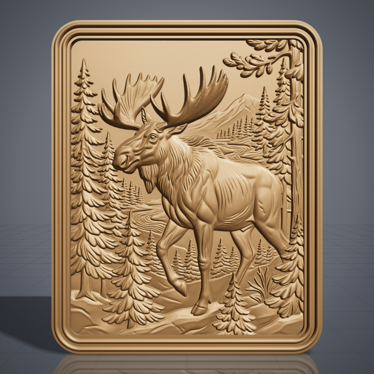 High-relief 3D bas-relief of a walking moose with large antlers in a pine forest with mountains and a winding river, framed in a portrait rectangular plaque with rounded corners. Fine antler, fur and pine needle detail with layered relief. Designed for CNC relief carving, wood routing and 3D printing as rustic wildlife wall decor for a cabin, lodge or hunting den.