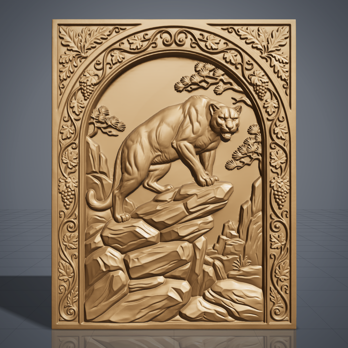Mountain lion carved in dark walnut wood on a rocky ledge inside an arched rectangular frame with oak leaf, grape vine and pine details, shown as a workshop mockup and a grey resin render. Digital STL relief file for CNC routers and 3D printers, ideal for wildlife wall art, panels and woodworking projects.