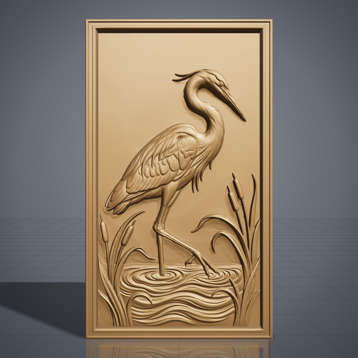 Detailed 3D bas-relief of a great blue heron wading in a marsh, one leg raised above rippling water, feathers and neck carved with fine texture. Tall cattails and reed grasses frame both sides of the bird within a rectangular molded border. Available in walnut wood and grey resin finishes. Designed for CNC relief carving, wood routing, and 3D printing as wildlife wall decor.